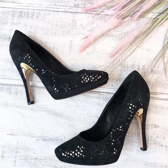 Alice + Olivia Suede Laser Cut Pumps -black and gold,  size EUR 38 - Picture 1 of 6